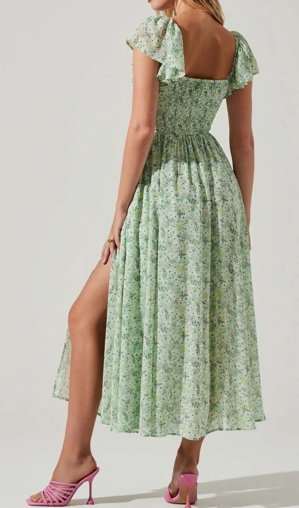 FLORAL COLD SLEEVE MIDI DRESS IN GREEN