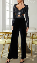 VELVET SEQUIN CUT-OUT FLOOR-LENGTH JUMPSUIT IN BLACK