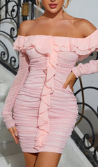 PINK STRAPLESS RUCHED MINI DRESS