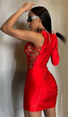 ONE SHOULDER RUCHED MINI DRESS IN RED