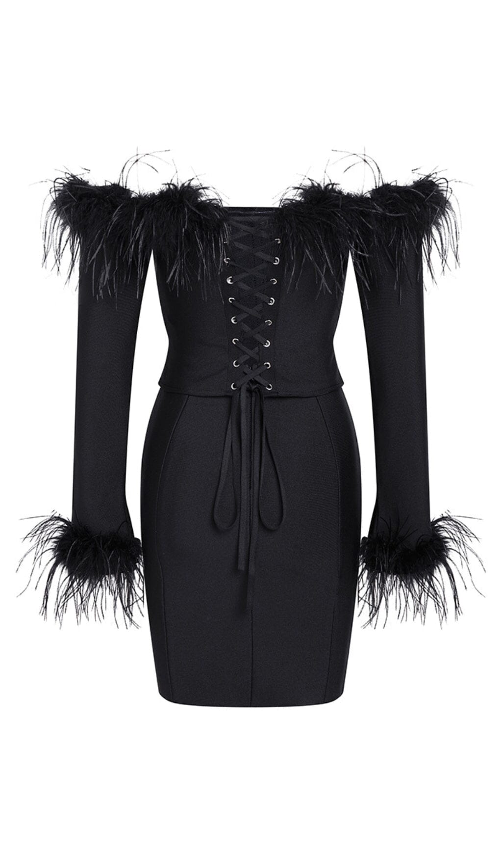 FEATHER CORSET MINI DRESS IN BLACK