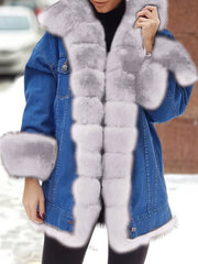 Women's Coats Furry Denim Super Warm Long Sleeve Coat