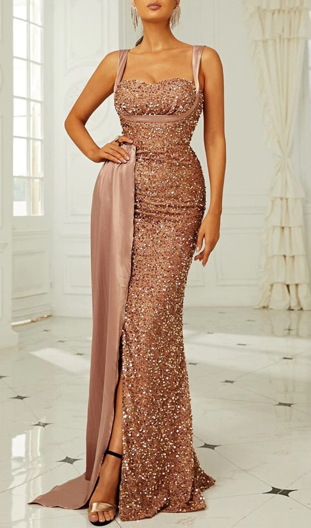 GOLD SEQUIN SLEEVELESS SUSPENDER MAXI DRESS