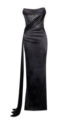 HOLLY BLACK CRYSTALLIZED CORSET HIGH SLIT SATIN GOWN