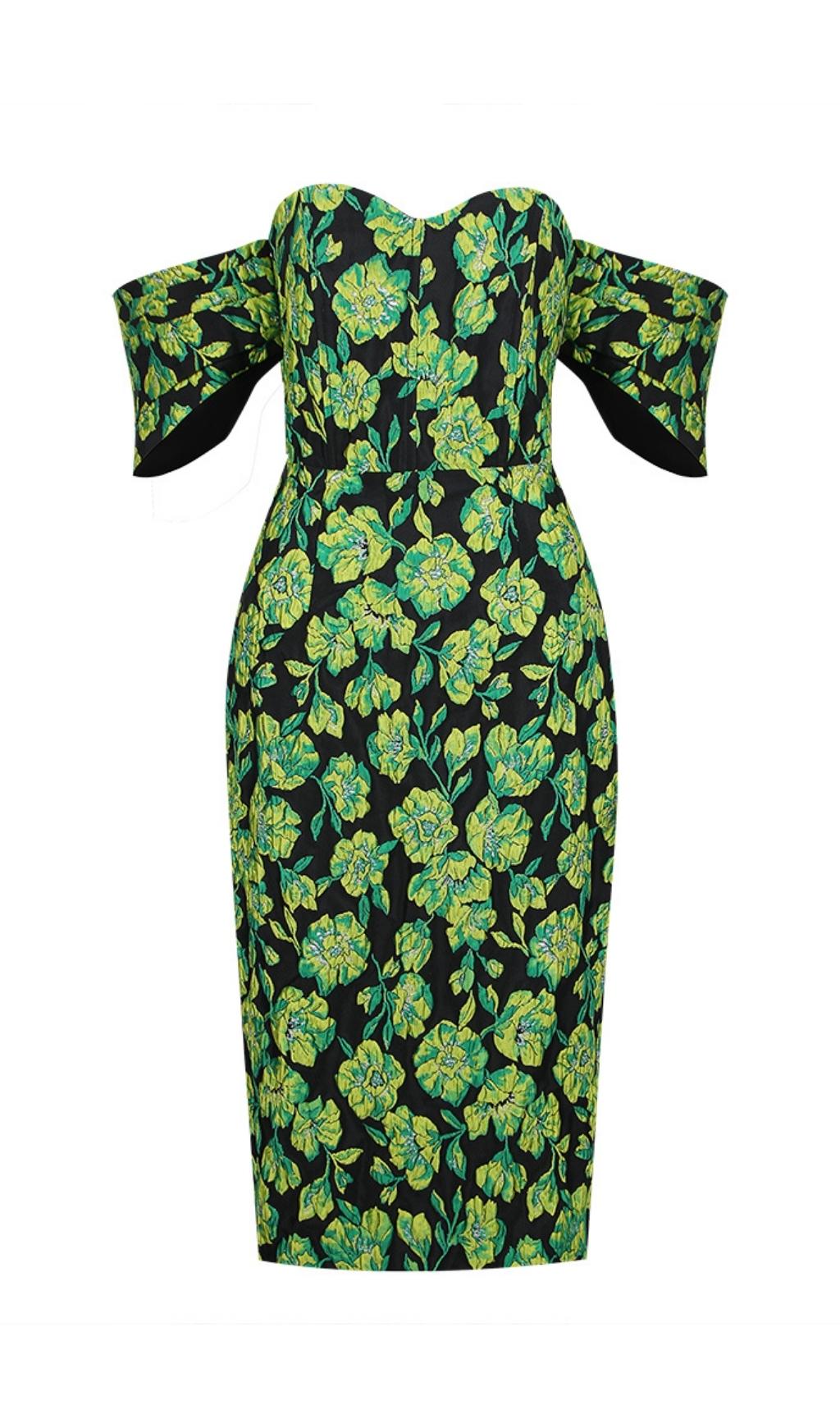 JACQUARD STRAPLESS MIDI DRESS IN GREEN