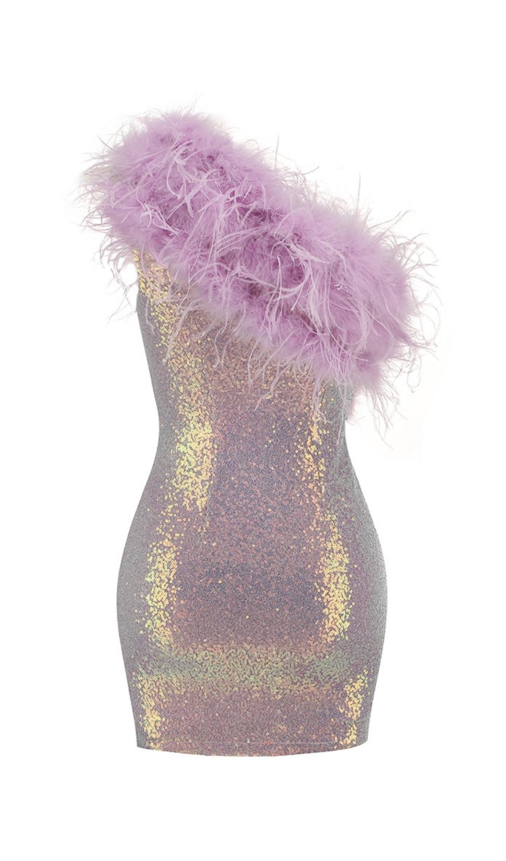 PURPLE ONE SHOULDER SEQUIN FEATHER MINI DRESS