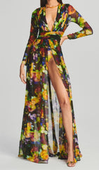 LONG SLEEVE CHIFFON MAXI DRESS IN MULTICOLOR