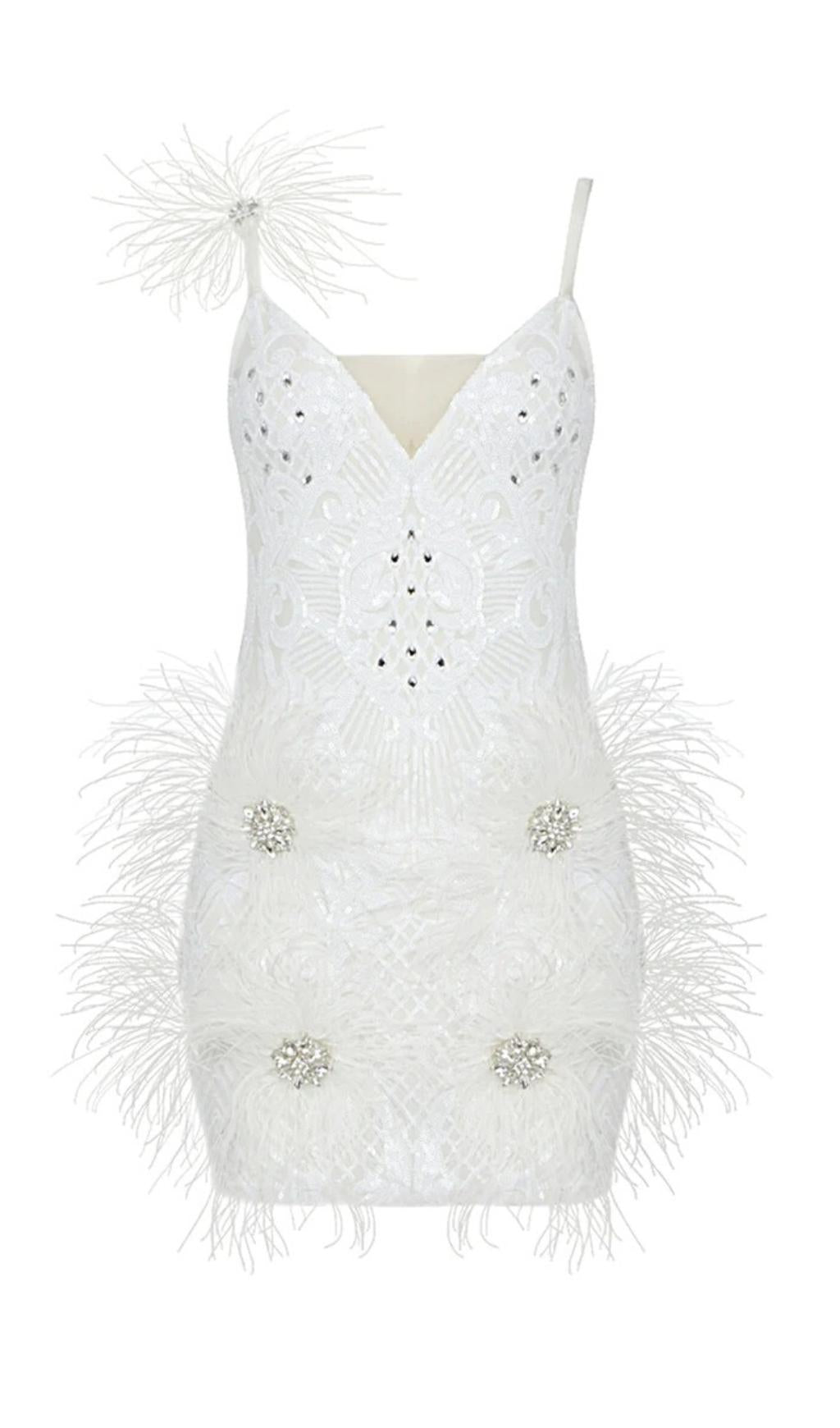 FEATHER BANDAGE MINI DRESS IN WHITE