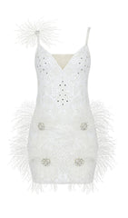 FEATHER BANDAGE MINI DRESS IN WHITE