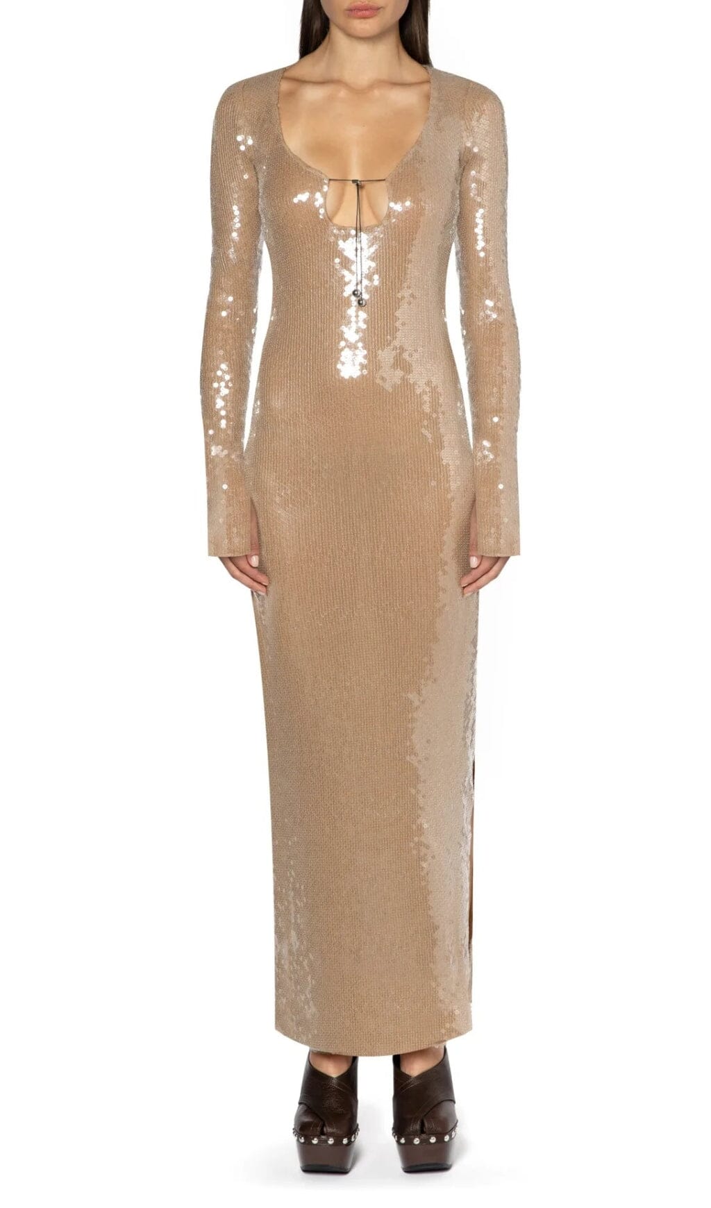 SEQUINED WITH LONG SLEEVES AND BACKLESS DRESS IN KHAKI