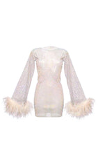 FEATHER EMBELLISHED MESH MINI DRESS