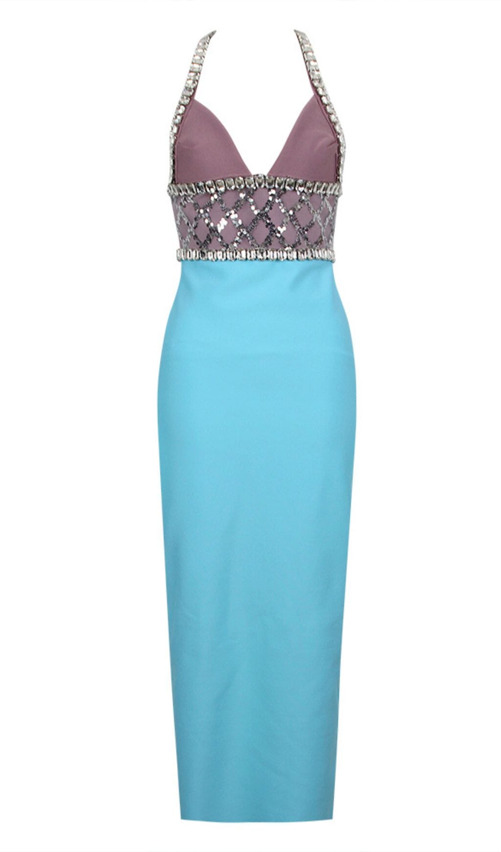 RHINESTONE PLUNGE MIDI DRESS IN TURQUOISE