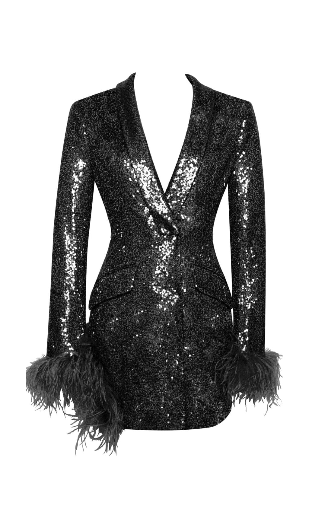 BLACK SEQUIN FEATHER TRIM BLAZER DRESS