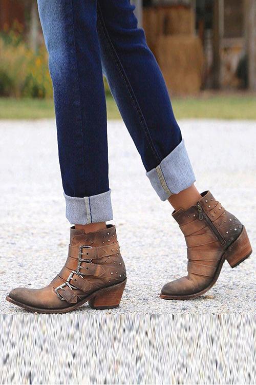 Buckle Zipper Chunky Heel Ankle Boots