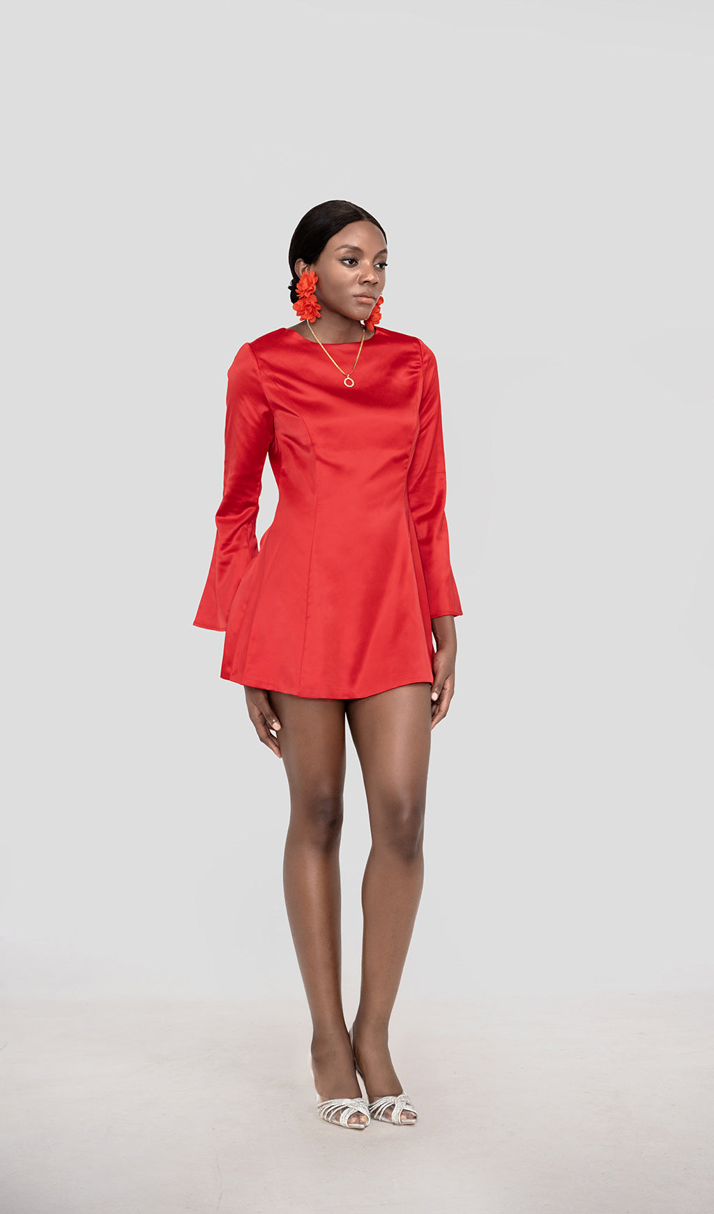 RANDA RED SATIN LONG SLEEVE MINI DRESS