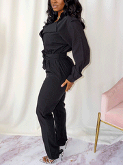 Lace Up Solid Turndown Collar Jumpsuit