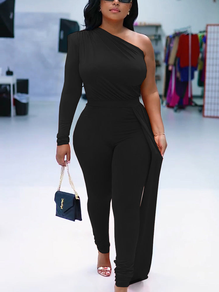 One Shoulder Solid Jumpsuit