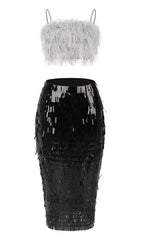 FEATHER TOP SEQUIN MIDI DRESS IN BLACK