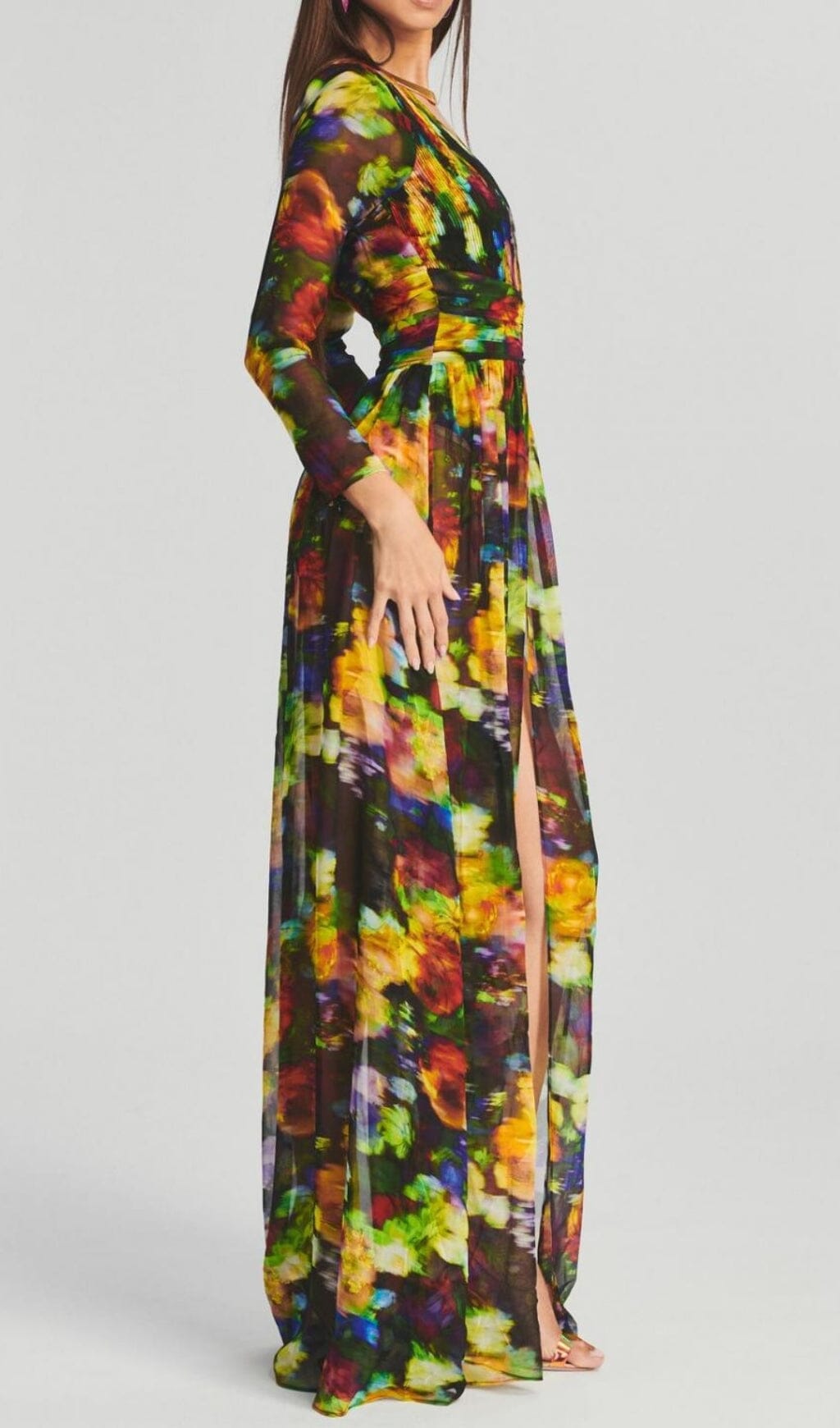 LONG SLEEVE CHIFFON MAXI DRESS IN MULTICOLOR