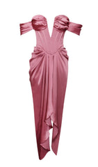 XOPHIA MAUVE PINK OFF SHOULDER SATIN CORSET HIGH SLIT DRESS