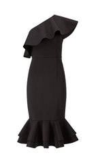 CROSS-SHOULDER RUFFLED FISHTAIL DRESS IN BLACK