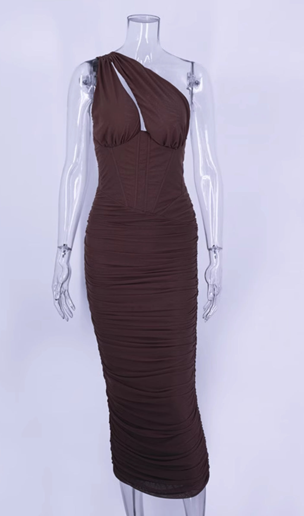 ASYMMETRIC CUTOUT MIDI DRESS IN BROWN