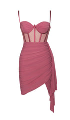 YOLIE SALMON PINK RUCHED DRAPING MESH CORSET DRESS