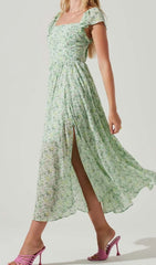 FLORAL COLD SLEEVE MIDI DRESS IN GREEN