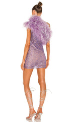 PURPLE ONE SHOULDER SEQUIN FEATHER MINI DRESS