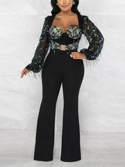 Lace Iridescent Sequins Fringe Jumpsuit