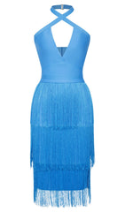 TASSEL HALTER BANAGE MIDI DRESS IN PURE BLUE