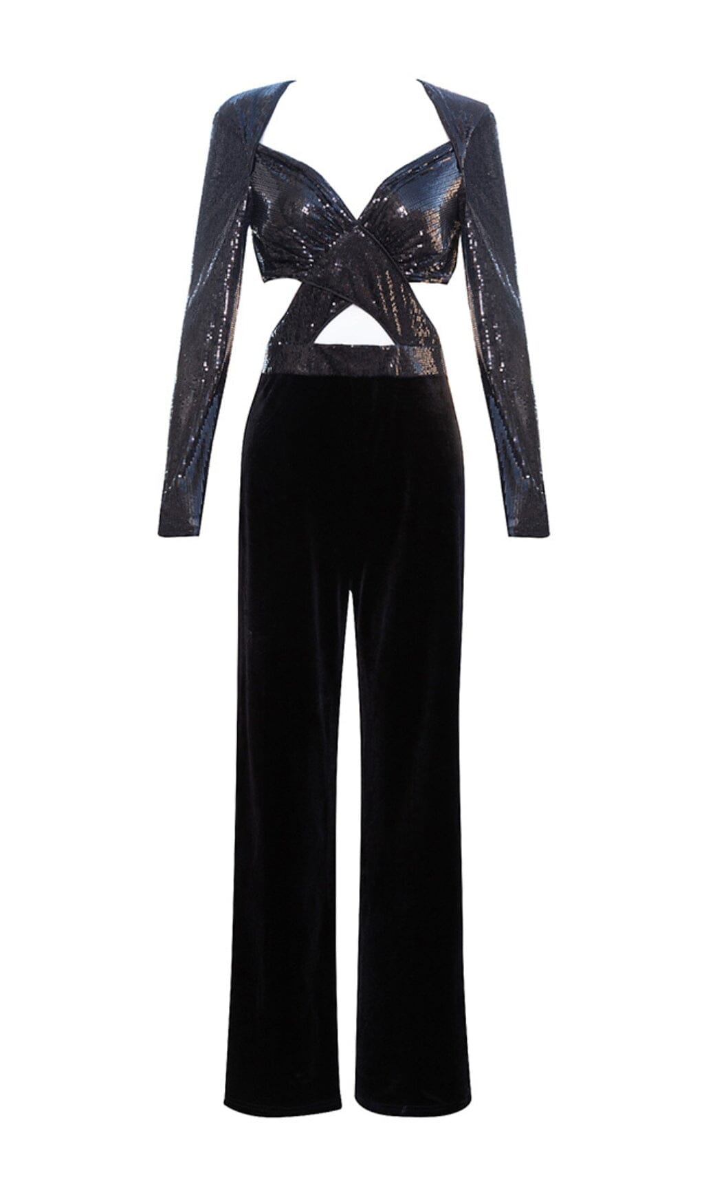 VELVET SEQUIN CUT-OUT FLOOR-LENGTH JUMPSUIT IN BLACK