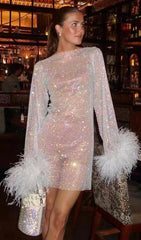 FEATHER EMBELLISHED MESH MINI DRESS