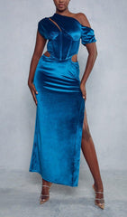 VELVET SLANT SHOULDER HIGH WAIST SPLIT MAXI DRESS IN TREASURE BLUE