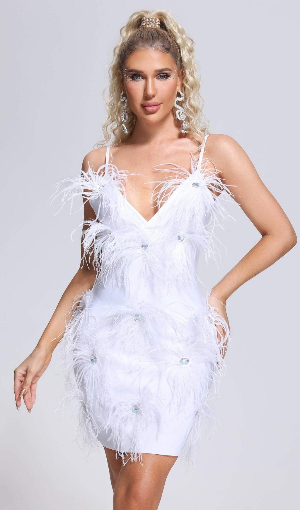 FEATHER BANDAGE MINI DRESS IN WHITE