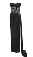 PRIYA BLACK DRAPING CORSET HIGH SLIT VELVET GOWN