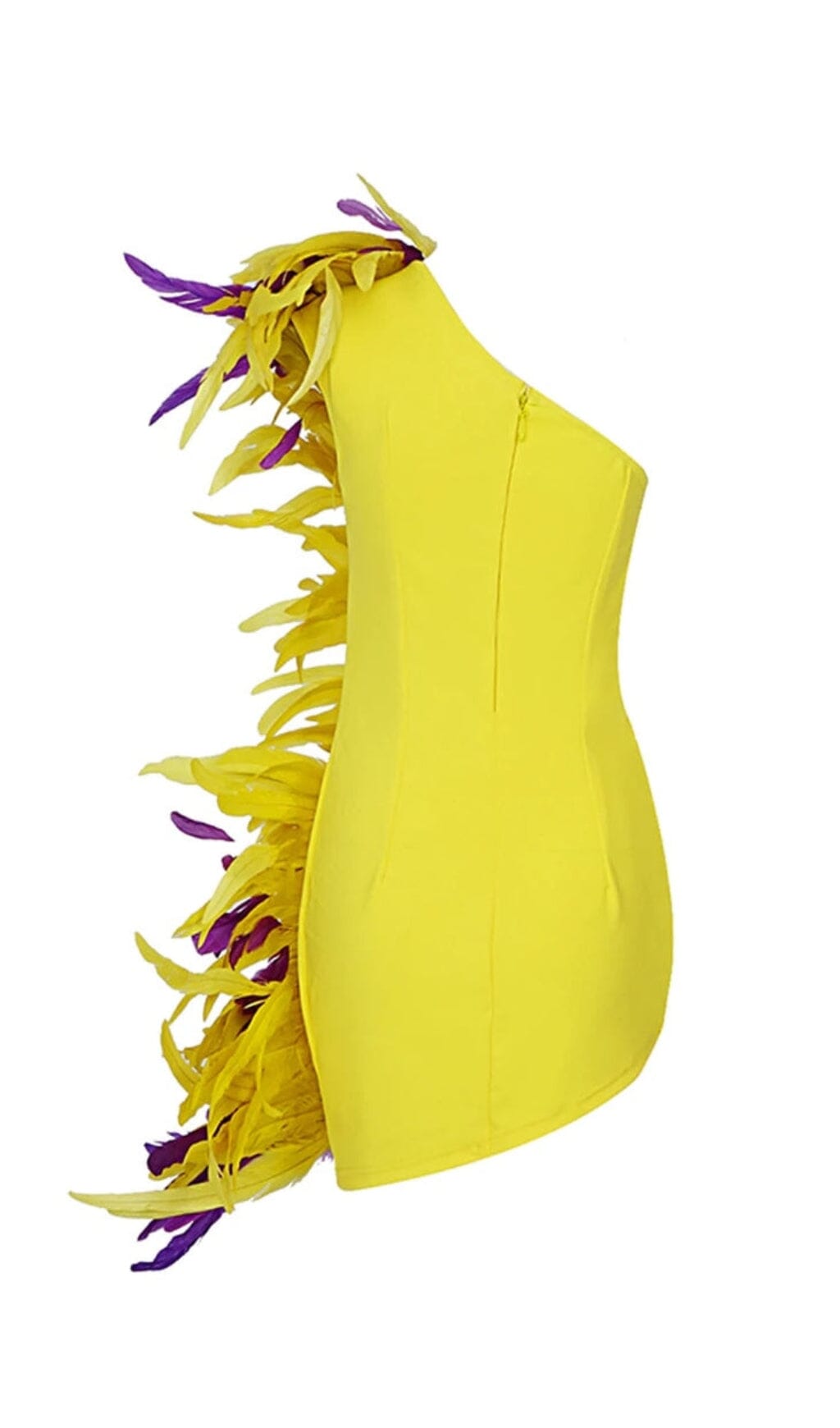 ASYMMETRIC FEATHER MINI DRESS IN YELLOW