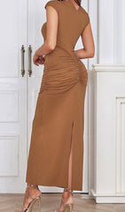 RUCHED SATIN MIDI DRESS IN BROWN