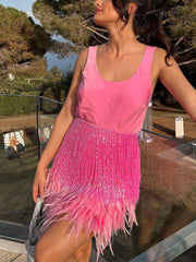 Feather Tassels Sequin Sleeveless Skirt Set