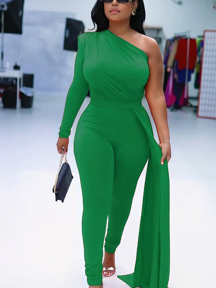 One Shoulder Solid Jumpsuit