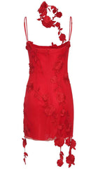 3D FLOWER SUSPENDER DRESS IN RED