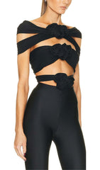 3D FLOWER-EMBELLISHED JUMPSUIT IN BLACK