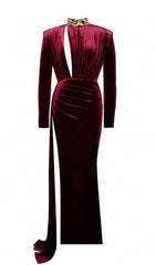 ZENAIDA BURGUNDY CUTOUT HIGH SLIT VELVET GOWN