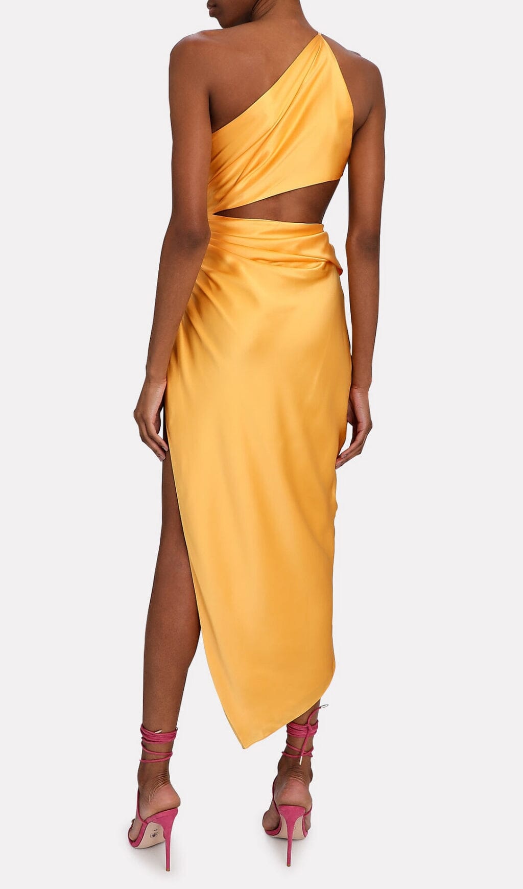 ONE-SHOULDER SILK SATIN MIDI DRESS IN YELLOW