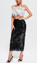 FEATHER TOP SEQUIN MIDI DRESS IN BLACK