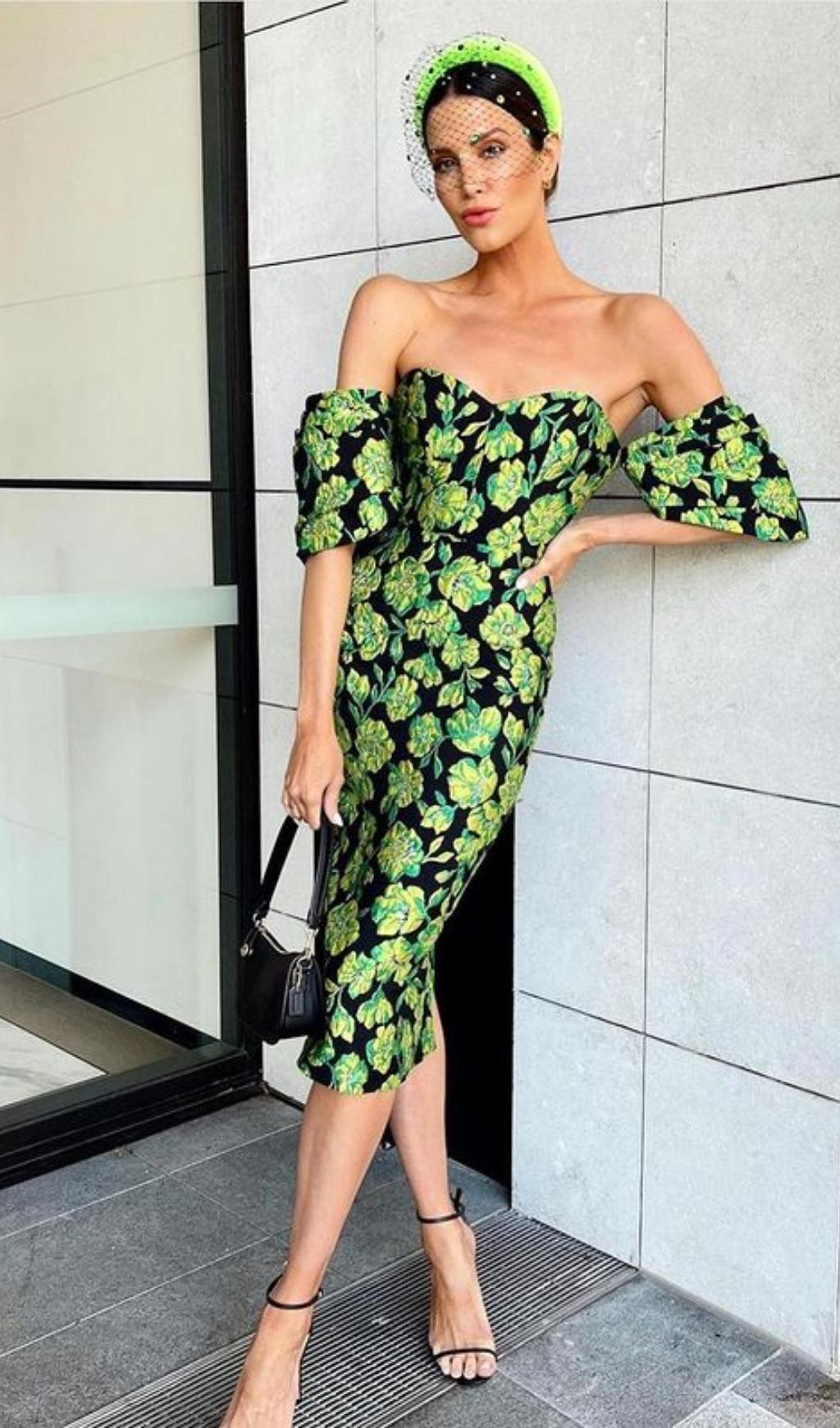 JACQUARD STRAPLESS MIDI DRESS IN GREEN