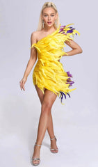 ASYMMETRIC FEATHER MINI DRESS IN YELLOW