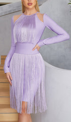 HOLLOWED-OUT SHOULDER FRINGED DRESS IN PURPLE