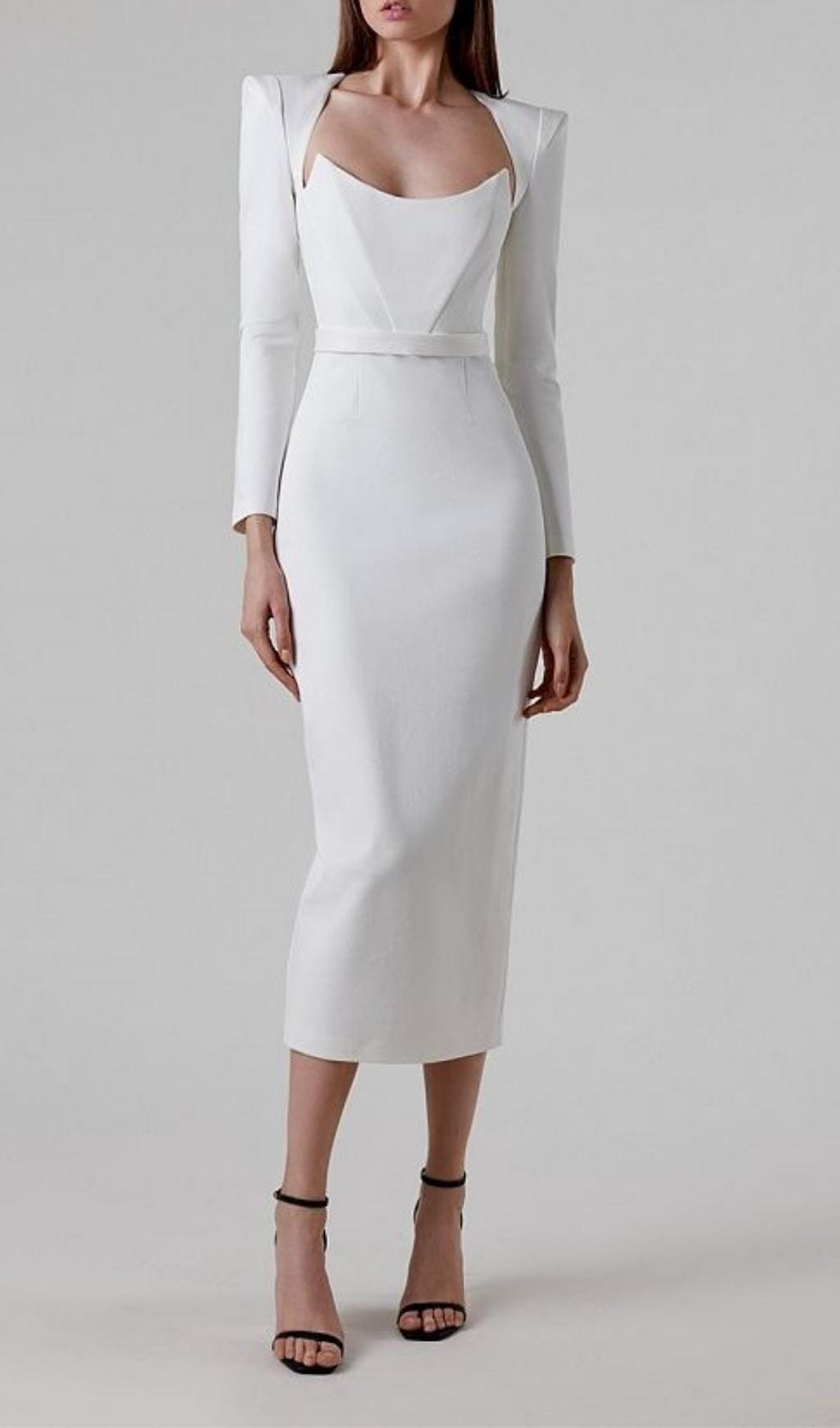 SQUARE SHOULDER CORSET MIDI DRESS IN WHITE