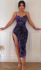 V-NECK SLIT BACKLESS SEQUIN MIDI DRESS IN PURPLE